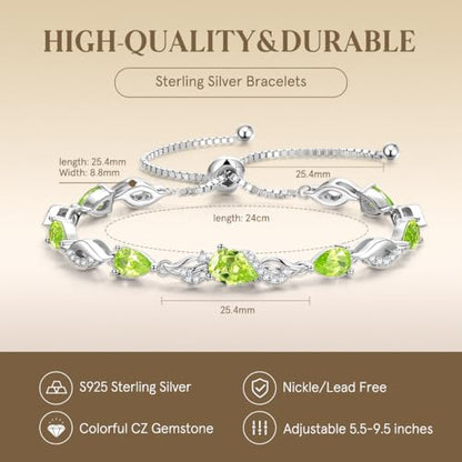 FANCIME Birthstone Teardrop Tennis Bracelet for Women, Sterling Silver 9x7mm main Gemstone Bolo Adjustable Chain Bracelet Fine Jewelry Birthday Gifts for Women Mom Wife Her - color: 08-Peridot