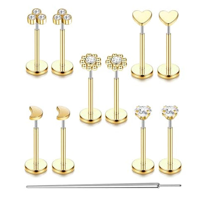 Uni-J 10pcs 20G/18G/16G Threadless Push-in Tragus Conch Cartilage Flat Back Helix Labret Monroe Lip Ring Daith Piercing Jewelry - color: 18G Gold 8mm