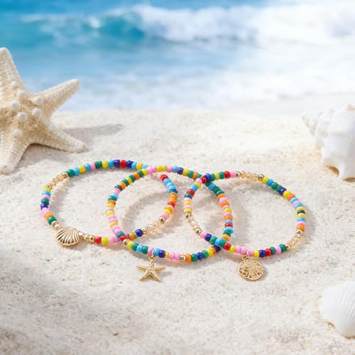 Starfish Shell Anklet Bracelets for Women, Boho Beaded Shell Anklet Set, Beach Vacation Foot Jewelry, Layered Summer Beachy Anklets - color: A5