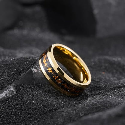 King Will Mens Wedding Band with Foils Inlay, Black/Silver/Gold | Black, 6mm/8mm, Beveled Edge, Comfort Fit, Glowstone Ring, Everyday Wear - color: Gold&Orange-8mm