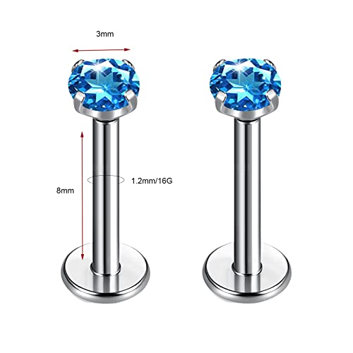 BelezaDosas G23 Titanium Labret Studs Threadless 16G Lip Rook Lobe Tragus Helix Cartilage Push Back Earring Piercing Jewelry - style: 1 pair Topaz Blue
