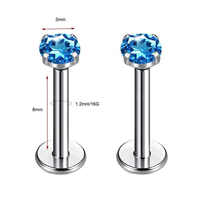 BelezaDosas G23 Titanium Labret Studs Threadless 16G Lip Rook Lobe Tragus Helix Cartilage Push Back Earring Piercing Jewelry - style: 1 pair Topaz Blue