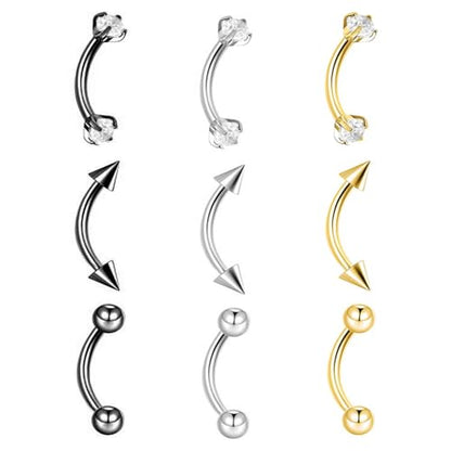 9PCS Gold Eyebrow Piercing Jewelry Titanium, Rook Jewelry Gold Surgical Steel Silver Eyebrow Rings for Women Men CZ Tiny Labret Lip Daith Navel Belly Button Helix Tragus Piercing Jewelry 16G 6mm/8mm/10mm - style: Eyebrow-10mm-9pcs
