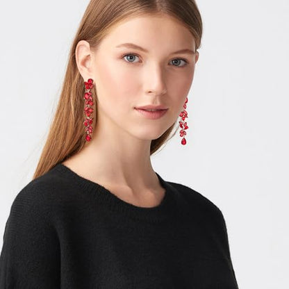 Crysdue Clip On Earrings for Women Rhinestone Crystal Teardrop Cluster Wedding Bridal Non Pierced Long Dangle Earring for Prom Party - color: Red Gold-Tone