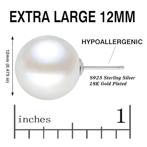 18K Gold Plated 925 Sterling Silver Shell Pearl Stud Earrings,Hypoallergenic to Sensitive Ears - style: D_L - 12mm - Silver