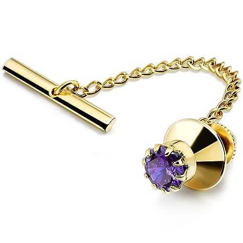HAWSON Mens Tie Tack with Chain Round Crystal Wedding Business Accessories - color: Gold + Purple Velvet