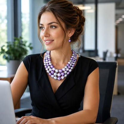 Simulated Pearl Necklace & Earring Set, Multi Strand - color: Lavender Mix