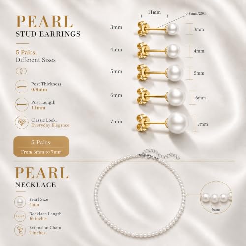 D.Bella Pearl Necklace Stud Earrings Set for Women Dainty Round Imitation Pearl Choker Necklace for Wedding -5Pairs Hypoallergenic Earrings Delicate Jewelry - color: A-Gold