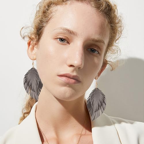 Handmade Bohemian Large Soft Genuine Leather Fringe Double Feather Dangle Drop Earrings Lightweight Simple Color PU Leaf Hook Earrings for Women - color: Grey