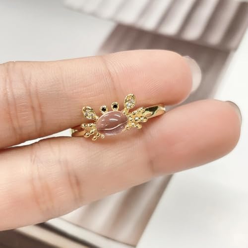Dtja Crystal Crab Statement Ring for Women Gold Plated Expandable Cute Marine Animal Adjustable Open Wrap Finger Ring Elegant Birthday Holiday Party Jewelry - color: Light Pink