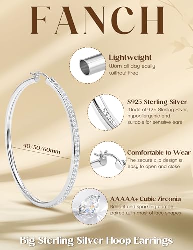 925 Sterling Silver Hoop Earrings for Women Sparkly Cubic Zirconia Large Hoops 18K White Gold Plated Hypoallergenic Lightweight Rhinestone Big Hoop Earrings 40/50MM Silver/Gold - color: 40mm-Silver