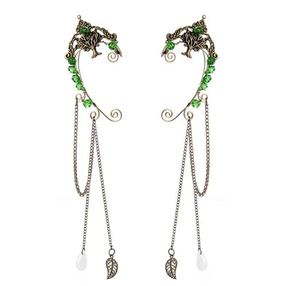 Elf Ear Cuffs, OwMell Handcraft Silver Pointed Fairy Elven Cosplay Fantasy Costume Bridal Wedding Earrings for Non Pierced Ears - style: Tree & Green Beads