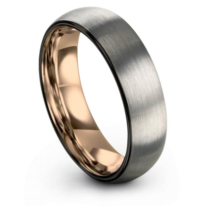Tungsten Wedding Band Ring 10mm 8mm 6mm 4mm for Men Women 18k Rose Gold Plated Dome Black Grey Brushed Polished - color: 4 Rose Gold Black Grey Tungsten