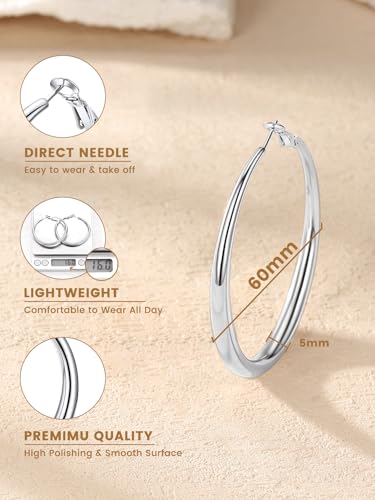 KeyStyle 5mm Thick Hoop Earring，Large Gold Hoop Earrings for Women | Stainless Steel Hoops Earring 14K Gold Plated/Silver/Black Hoop Lightweight Hypoallergenic Hollow Tube Hoop(40/60/80MM) - color: Silver, size: 60mm