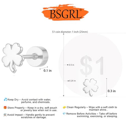 Flat Back Earrings for Women Cartilage Helix | Comfortable Dainty Cute Dragon Bee Bird Phoenix Dragonfly Cute Animal Leaf Spiral Rhombus Design Flatback Stud Earrings - color: silver clover
