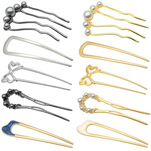 10 PCS French Hair Pins for Women, Decorative French Twist Hair Pins U-Shaped Metal French Pins, Bun and Updo Hair Styling Pins Pearl Hair Fork Hair Accessories - color: Gold Silver Black 10 Pcs
