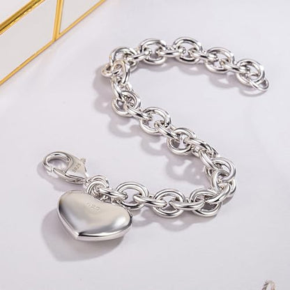 Dankadi Women 925 Sterling Silver Round Cable Wire Link Bracelet Charm Heart-Bell-Square-Circle Pendant Chain Bangle Fine Jewelry Gift For Wife Her - color: 6mm Silver Heart Pendant, size: 8 in