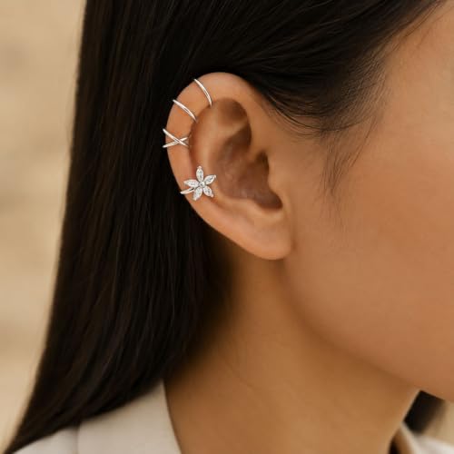 Flower Ear Cuff Set for Women Non Piercing Cartilage Earrings Clip On Wrap Cuffs Stackable Jewelry Gifts - color: B3:silver ear cuff set