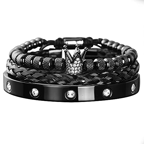 3pcs/set Classical Handmade Braiding Bracelet Hip Hop Men Pave CZ Leopard Head Roman Numeral Bracelet Stainless Steel Jewelry - color: 3pcs K Black