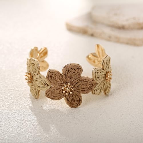 RUOFFETA Raffia Flower Cuff Bracelet for Women, Floral Chunky Bangle Wide Open Cuff Statement Bracelet - color: Beige Ombre