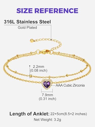 Richsteel Double Layer Heart/Butterfly Birthstone Anklet for Women | Non Tarnish Waterproof, Silver/Gold/Black Stainless Steel 8.5-10.5 Inch Adjustable Chain Anklets Summer Beach Foot Jewelry - color: Gold Heart-02 Feb.(Amethyst)