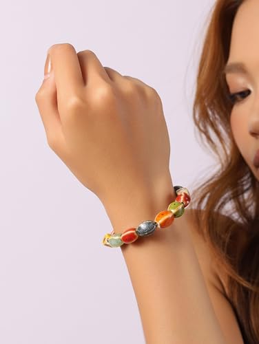 Boho Hippie Colorful Ceramic Beads Strand Stretch Bracelet, Bohemian Summer Beach Jewelry Gift for Women - color: S06