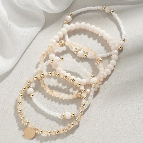 5Pcs Gold Plated Beaded Bracelets Set Boho Beaded Stretch Bracelets For Women Stackable Crystal Handmade Friendship Braeclet Jewelry Gifts