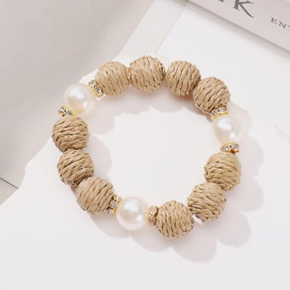 Coiris Rattan Raffia Woven Adjustable Boho Bracelet for Women | Handmade Bracelets Stretch Bracelet - color: Peal
