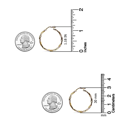 LeCalla Real 925 Sterling Silver Textured Two-Tone Three-Tone 14K Gold Plated Lightweight Italian Design Hoop Earrings for Women Diameter 25,30,40,45,50mm - color: Textured Medium-30mm