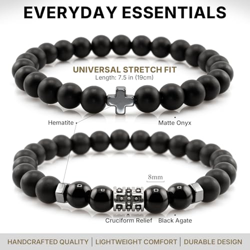 Flybar Men's 4 Piece Beaded Bracelet Set, Natural Lava Stone Black Onyx Matte Agate Tiger Eye, Stretchable Elastic Handmade Stackable - color: CK15 Matte Black Cross