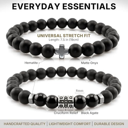 Flybar Men's 4 Piece Beaded Bracelet Set, Natural Lava Stone Black Onyx Matte Agate Tiger Eye, Stretchable Elastic Handmade Stackable - color: CK15 Matte Black Cross