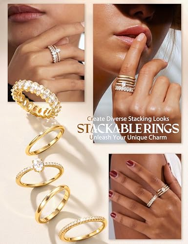 Tungary Gold Stackable Rings for Women Non Tarnish, Wedding Bands Set | Hypoallergenic 5 PCS Cubic Zirconia Ring Set, Promise Engagement Wedding Ring Stack, Trendy Statement Thumb Rings Size 5-10 - color: Elegant-14K Gold Plated