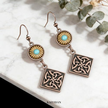 Boho Turquoise Dangle Earrings For Women Trendy,Western Blue Gemstone Drop Earings,Vintage Gothic Ethnic Statement Beach Vacation Long Birthstone Earrings with Leaf Teardrop Turquoise Crystal Tassels,Fashion Jewelry Birthday Gift. - style: A9 Geometric Br