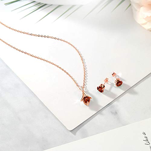 Gem Stone King 18K Rose Gold Plated Silver Pendant and Earrings Jewelry Set Round Garnet 2.25 cttw 18 InchesChain