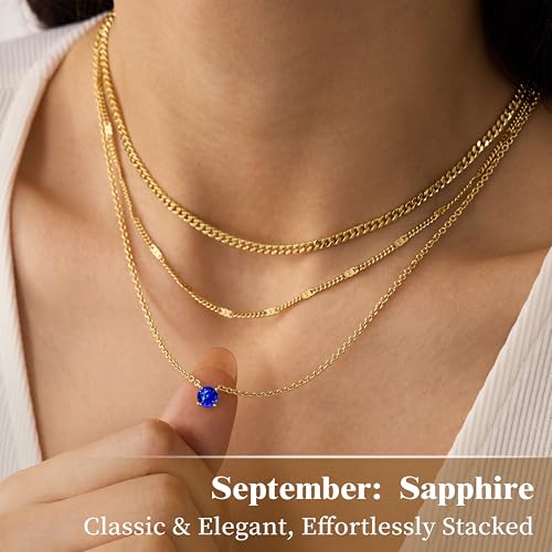 WomenGifts Layered Gold Necklaces for Women, 14K Gold Sterling Silver Plated Dainty Pendant Necklace Set Non Tarnish, Chunky Stackable Cuban Chain Choker, Trendy Birthstone Vacation Jewelry Gift - color: Gold, style: Cubic Zirconia-Created Sapphire-Sept