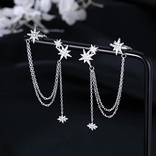 SLUYNZ 925 Sterling Silver Fashion Star Cuff Earring Chain for Women Star Crawler Earring Wrap Earrings - color: Pair-C-Silver