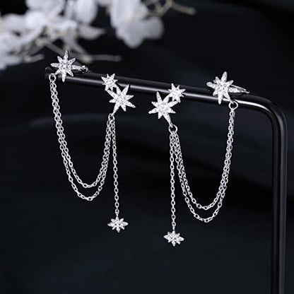 SLUYNZ 925 Sterling Silver Fashion Star Cuff Earring Chain for Women Star Crawler Earring Wrap Earrings - color: Pair-C-Silver