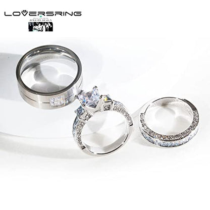 Couple Ring Bridal Set His Hers White Gold Plated CZ Stainless Steel Wedding Ring Band Set - color: White, size: women's size 5 & men's size 13