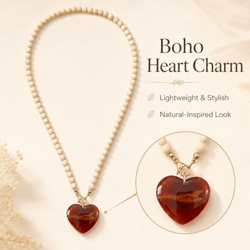 Wood Bead Heart Necklace for Women Amber Color Resin Heart Pendant Natural Wooden Beaded Necklace Boho Long Vacation Jewelry Gift - color: B1:wood beaded necklace