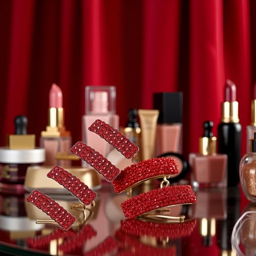 4PCS Red Fashion Korean Style Rhinestones Snap Hair Clips,Rectangular Hairpins Shiny Luxury Hairpins BB Clip Barrettes Hair Accessories for Girls Barrettes(ZS618)