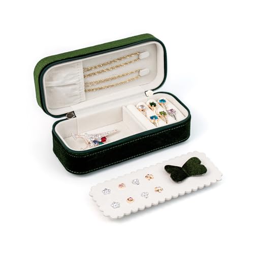 BONNY DODO Small Travel Jewelry Box Organizer for Women with Plush Velvet | Green Portable Mini Jewelry Case Compact Storage Holder for Earrings Rings Necklaces Bracelets, Small Travel Gift Box - color: Dark Green, size: 6.2*2.6