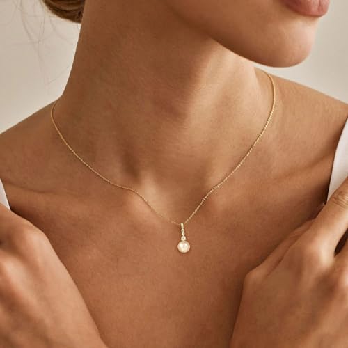 Pearl Necklaces for Women, Dainty Gold Necklace 14K Gold Plated Charm CZ Pearl Pendant Necklace Simple Gold Pearl Choker Necklaces for Women Trendy Wedding Womens Jewelry - color: dainty pearl necklace