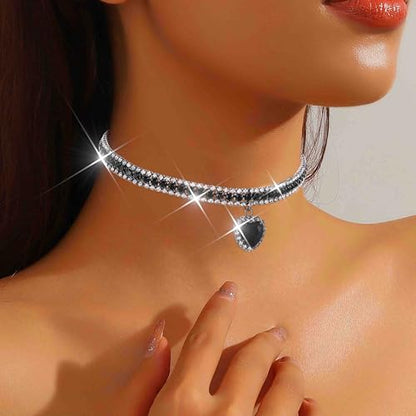 CLOACE Rhinestone Choker Necklace Heart Pendant Diamond Row Necklaces Sparkly Crystal Prom Chain Jewerly Accessories for Women - color: Black