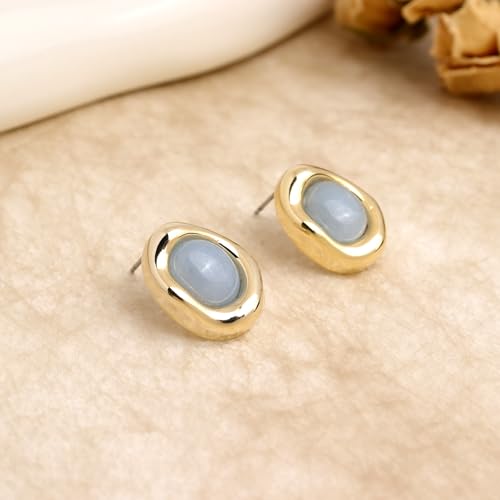 Jean Beau Chunky Gold Stone Stud Earrings for Women, Trendy Natural Gemstone Hypoallergenic Earing Valentine Jewelry Gift - color: Milky Aquamarine