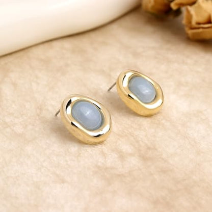 Jean Beau Chunky Gold Stone Stud Earrings for Women, Trendy Natural Gemstone Hypoallergenic Earing Valentine Jewelry Gift - color: Milky Aquamarine