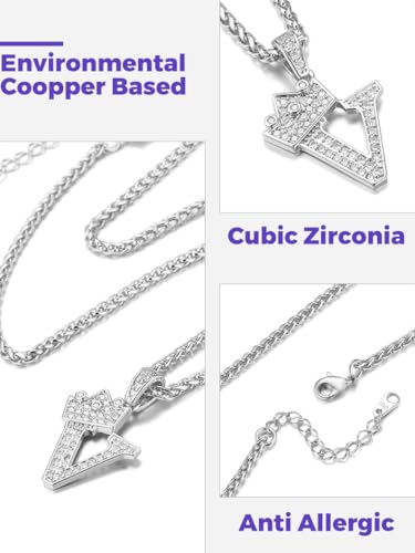 Richsteel Silver Crown Initial A-Z Letter Pendant Necklace for Men Women | Cubic Zirconia Monogram, 316L Steel Chain, 22" + 2" Extender,Hypoallergenic,Gift Box, Hip Hop Jewelry - style: V