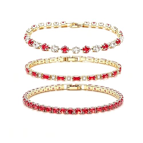 3Pcs Women Stackable 14K Gold Plated Tennis Bracelet with Colorful CZ | Dainty Classic Everyday Jewelry 14K Gold Plated Colorful Cubic Zirconia Tennis Bracelet Created Diamond for Wedding 7 inches - color: gold red
