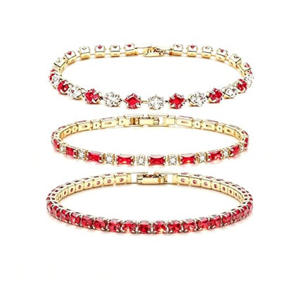 3Pcs Women Stackable 14K Gold Plated Tennis Bracelet with Colorful CZ | Dainty Classic Everyday Jewelry 14K Gold Plated Colorful Cubic Zirconia Tennis Bracelet Created Diamond for Wedding 7 inches - color: gold red