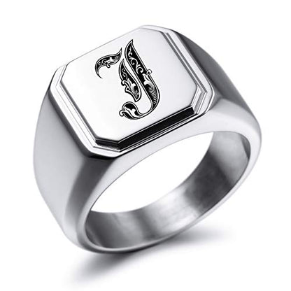 MeMeDIY Personalized Engraved Initial Monogram Signet Ring for Men Women Customize Stainless Steel Wedding Letter Rings Jewelry Bundle with Ring Size Adjusters - color: A1: Silver - Initial Royal