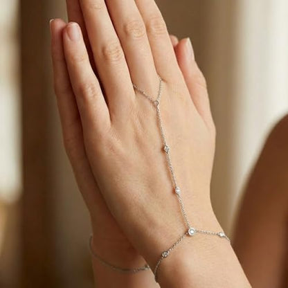Mchic Hand Chain Tennis Bracelets for Women Trendy: Dainty Diamond Beaded Bracelet 14K Gold Plated/Silver Finger Ring Bracelet Hand Chain Jewelry Adjustable Sparkly Prom Bracelets - color: Rhombic CZ hand chain silver